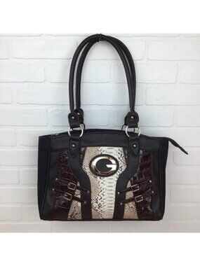 Shoulder bag black brown white snake pattern contemporary lightweight vegan purs